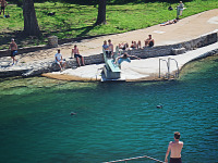 austin-downtown > A man jumps into the pool of Barton Springs in Austin, Texas