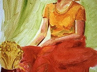 drawing-painting-traditional > Woman sitting with flowers and red dress