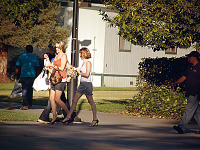 san-jose-state > Two blond girls in jean skirt being followed at SJSU